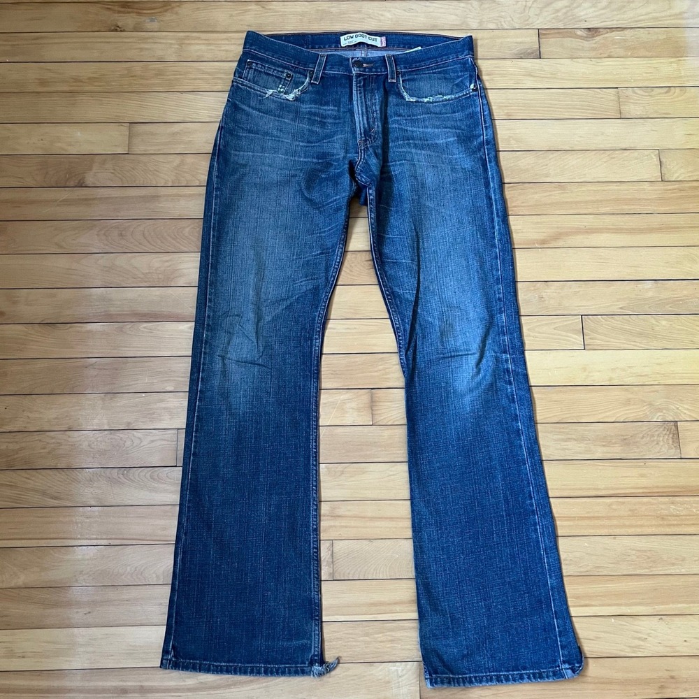 Levis 527 Low Boot Cut Jeans Mens 32x34 Medium Wash Distressed Denim Blue